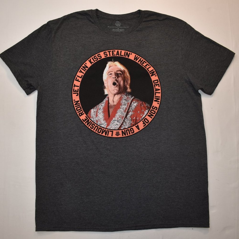 WWE Mens Ric Flair Kiss Stealin' Jet Flyin' Wheelin' Dealin' Shirt New Large - Picture 1 of 5